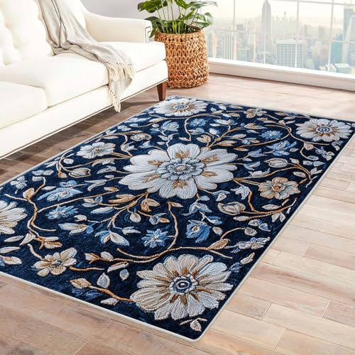 JOSUE Wohnzimmer Vintage Teppich Blumen Kleiner Teppich Maritim Nautische, Weich Kurzflor & Waschbar & rutschfest Fussmatte Innen(Blau 32)-210x300cm von JOSUE