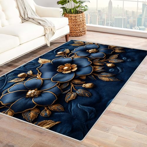 JOSUE Wohnzimmer Vintage Teppich Blumen Kleiner Teppich Ozean, Weich Kurzflor & Waschbar & rutschfest Fussmatte Innen, Kinderteppich(Blau 28)-120x180cm von JOSUE