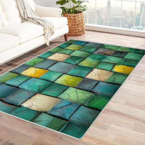 JOSUE Wohnzimmer Vintage Teppich Linien Kleiner Teppich Ozean, Weich Kurzflor & Waschbar & rutschfest Fussmatte Innen, Kinderteppich(Grün 28)-150x240cm von JOSUE