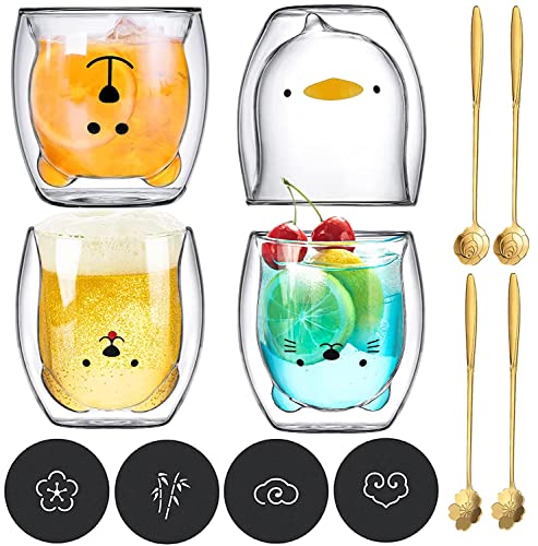 JOTOL Doppelwandige Latte Macchiato Gläser Set,Süße Tassen Kaffee Teegläser Trinkgläser Kaffeeglas 4pcs mit Löffel und Untersetzer,Double Wall Glass Milk Cup Geschenkset von JOTOL