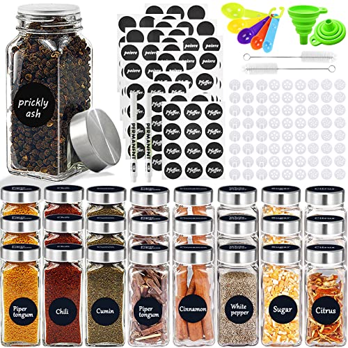 JOTOL Gewürzgläser Eckig,24pcs Gewürzdosen Set,Gewürzbehälter mit Deckel,Streueinsatz,Gewürzstreuer Glas mit Etiketten,Bürste,Spice Jars Trichter,Gewürzgläser Set zum Aufbewahren von Gewürzen von JOTOL