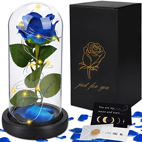 JOTOL Rose im Glas,Ewige Rosen,Schöne und das Biest Rose mit Licht,Rose in Einer Glaskuppel,Rose Ewige Rose im Glas mit LED-Licht,Abnehmbarer Sockel,Die Schöne und das Biest Rose Geschenk Kit-Blau von JOTOL