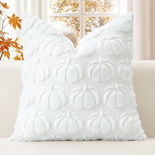 JOTOM 1 Stück Kürbis Kissenbezug, Plüsch Kurze Wolle Dekorativ Zierkissenbezüge Herbst Boho Kissenhüllen Sofakissen Moderne Kissenbezüge Herbstdeko für Wohnzimmer Garten (40x40cm, Weiß) von JOTOM
