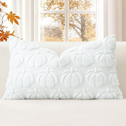 JOTOM 1 Stück Kürbis Kissenbezug, Plüsch Kurze Wolle Dekorativ Zierkissenbezüge Herbst Boho Kissenhüllen Sofakissen Moderne Kissenbezüge Herbstdeko für Wohnzimmer Garten (40x60cm, Weiß) von JOTOM