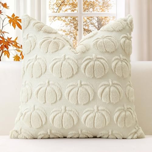 JOTOM 1 Stück Kürbis Kissenbezug, Plüsch Kurze Wolle Dekorativ Zierkissenbezüge Herbst Boho Kissenhüllen Sofakissen Moderne Kissenbezüge Herbstdeko für Wohnzimmer Garten (60x60cm, Creme Beige) von JOTOM