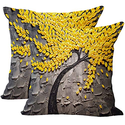 JOTOM 2 Stück Weiche Kissenbezüge Abdeckung Ölgemälde-Baum-Blumen Kissenbezug 45 x 45 cm (Graue gelbe Blätter) von JOTOM