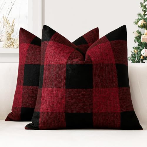 JOTOM 2er Set Buffalo Plaid Kissenbezüge, Dekorative Weich Plaid Wurf Kissenbezug Moderne Kissenhüllen Sofakissen Dekokissen Zierkissenbezug für Wohnzimmer Schlafzimmer Deko (40x40cm, Schwarz+Rot) von JOTOM