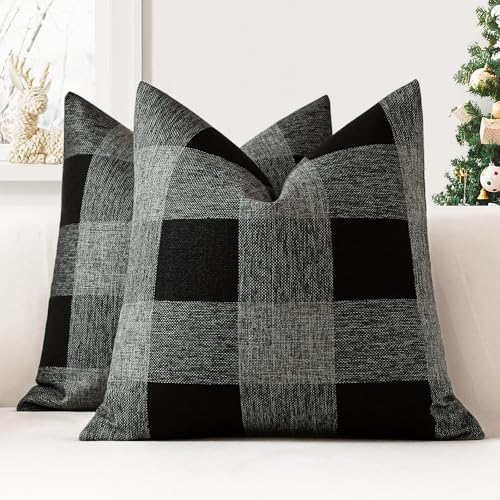 JOTOM 2er Set Buffalo Plaid Kissenbezüge, Dekorative Weich Plaid Wurf Kissenbezug Moderne Kissenhüllen Sofakissen Dekokissen Zierkissenbezug für Wohnzimmer Schlafzimmer Deko (50x50cm, Schwarz+Grau) von JOTOM