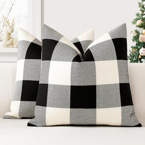 JOTOM 2er Set Buffalo Plaid Kissenbezüge, Dekorative Weich Plaid Wurf Kissenbezug Moderne Kissenhüllen Sofakissen Dekokissen Zierkissenbezug für Wohnzimmer Schlafzimmer Deko (60x60cm, Weiß+Schwarz) von JOTOM