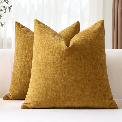 JOTOM 2er Set Chenille Kissenbezüge, Dekorative Weich Einfarbig Wurf Kissenbezug Moderne Kissenhüllen Sofakissen Dekokissen Zierkissenbezug für Wohnzimmer Schlafzimmer Deko (60x60cm, Goldgelb) von JOTOM