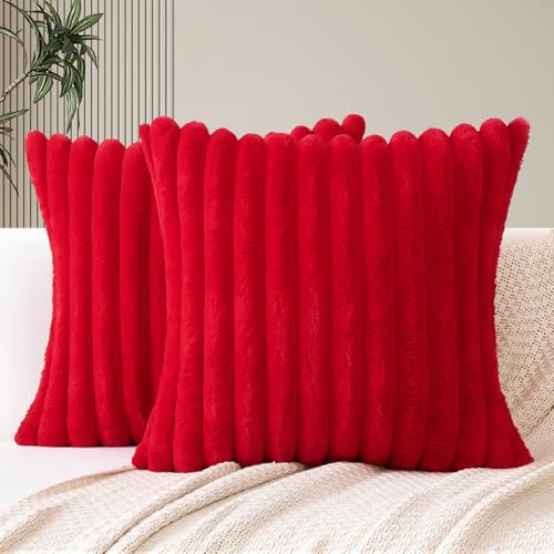 JOTOM 2er Set Doppelseitige Kunstpelz Plüsch Kissenbezüge, Dekorative Weich Kissenbezug Moderne Kissenhülle Sofakissen Zierkissenbezug für Wohnzimmer Schlafzimmer Deko (45x45cm, Rot) von JOTOM