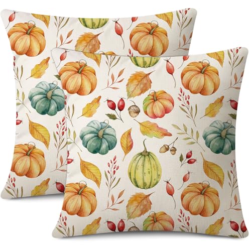 JOTOM 2er Set Herbst Kissenbezüge, Dekorative Bauemhaus Wurf Kissenbezug Moderne Kissenhüllen Sofakissen Dekokissen Zierkissenbezug für Wohnzimmer Garten Deko (45x45cm, Kürbis) von JOTOM