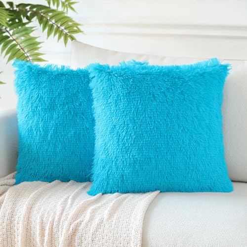 JOTOM 2er Set Kissenbezüge Künstlich Pelz Sofakissen Dekorative Dekokissen Plüschkissen Kuschelig Flauschig Kissenbezug für Sofa 45x45cm Eisblau von JOTOM