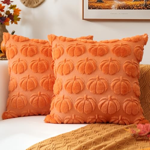 JOTOM 2er Set Kürbis Kissenbezüge, Plüsch Kurze Wolle Dekorativ Zierkissenbezüge Herbst Boho Kissenhüllen Sofakissen Moderne Kissenbezug Herbstdeko für Wohnzimmer Garten (45x45cm, Orange) von JOTOM