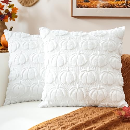 JOTOM 2er Set Kürbis Kissenbezüge, Plüsch Kurze Wolle Dekorativ Zierkissenbezüge Herbst Boho Kissenhüllen Sofakissen Moderne Kissenbezug Herbstdeko für Wohnzimmer Garten (50x50cm, Weiß) von JOTOM