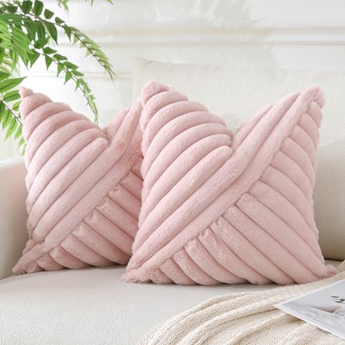 JOTOM 2er Set Kunstpelz Plüsch Kissenbezüge, Dekorative Weich Gestreift Fuzzy Kissenbezug Kissenhüllen Sofakissen Dekokissen Zierkissenbezug für Wohnzimmer Schlafzimmer Deko (50x50cm, Rosa) von JOTOM