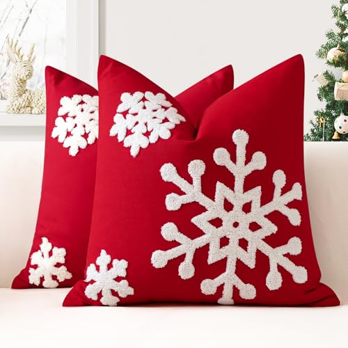 JOTOM 2er Set Weihnachten Kissenbezüge, Dekorative Winter Schneeflocke Wurf Kissenbezug Moderne Kissenhüllen Sofakissen Dekokissen Zierkissenbezug für Wohnzimmer Schlafzimmer Deko (45x45cm, Rot) von JOTOM