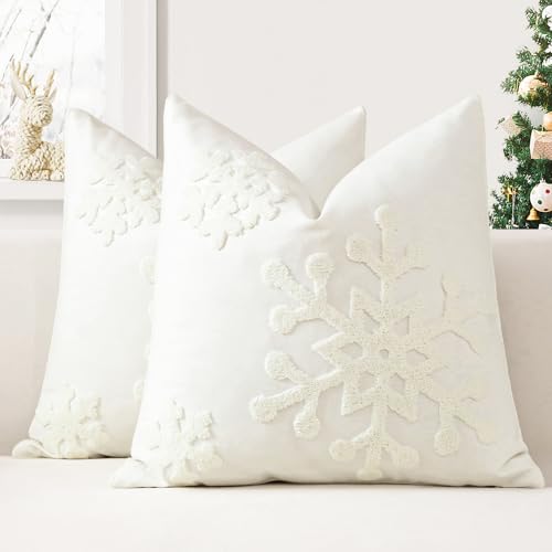 JOTOM 2er Set Weihnachten Kissenbezüge, Dekorative Winter Schneeflocke Wurfkissenbezug Moderne Kissenhüllen Sofakissen Dekokissen Zierkissenbezug für Wohnzimmer Schlafzimmer Deko (45x45cm, Creme Weiß) von JOTOM