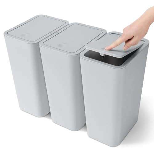 JOTOM 3er Set Mini Mülleimer Badezimmer mit Pop-Up Deckel, 10L moderner Abfalleimer Papierkorb Trash Bin, Abfallkorb Geeignet für Wohnzimmer, Schlafzimmer, Küche, WC, Büro (Grau) von JOTOM