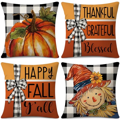 JOTOM 4er Set Herbst Kissenbezüge, Dekorative Bauemhaus Wurf Kissenbezug Moderne Kissenhüllen Sofakissen Dekokissen Zierkissenbezug für Wohnzimmer Garten Deko (45x45cm, Kürbis Scarecrow Orange) von JOTOM