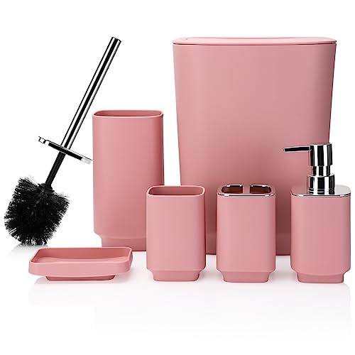 JOTOM 6 Stück Badezimmer Zubehör Set Luxus Kunststoff Badezimmer Zubehör Set Mülleimer Toilettenbürste Set Zahnbürstenhalter Becher Seifenschale Seifenspender Badeset Geschenk (Pink) von JOTOM