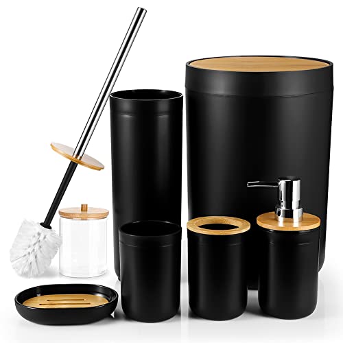 JOTOM 7-teiliges Bambus-Badezimmer-Zubehör-Set aus luxuriösem Kunststoff, Badzubehör-Set, Zahnbürstenhalter, Becher, WC-Bürste, Qtip Halter, Seifenschale, Mülleimer, Seifenspender (schwarz) von JOTOM