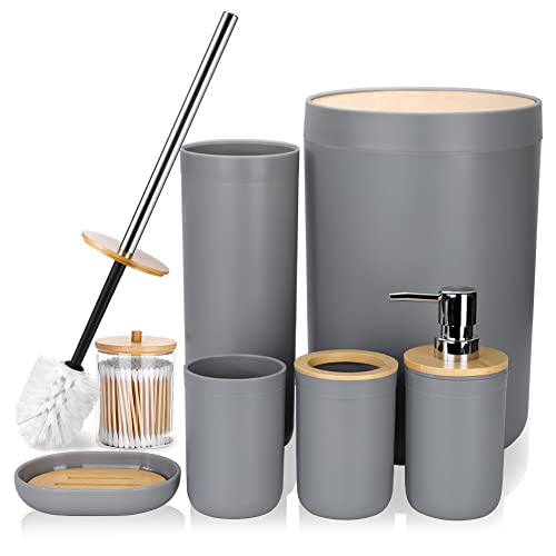 JOTOM 7 Stück Bambus Badezimmer Zubehör Badezimmer Zubehör Set Luxus Modern Bad Set Zahnbürstenhalter Becher Qtip Halter Toilettenbürste Set Seifenschale Mülleimer Seifenspender (Grau) von JOTOM