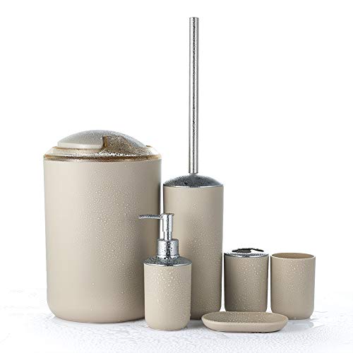 JOTOM Badset, Badezimmer Zubehör Set Badausstattung Sets mit Seifenschale Seifenspender Halter Zahnputzbecher Mülleimer Toilettenbürste WC Bürste (Beige) von JOTOM