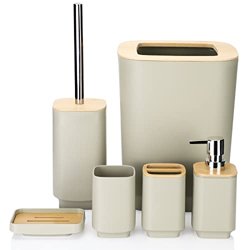 JOTOM Modernes Badezimmer Zubehör Set 6 Stück - Beige, Glänzend - Seifenspender, Zahnbürstenhalter, Zahnbecher, Seifenschale, WC-Bürste & Halter, Müll - Kunststoff von JOTOM