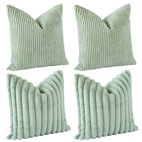 JOTOM Dekokissen Kissenbezüge 45x45cm 4er Set Soft Kissenhülle Einfarbig Streifen Kissenbezug für Sofa Büro Couch Schlafzimmer Bett (45x45cm, Salbei Grün) von JOTOM