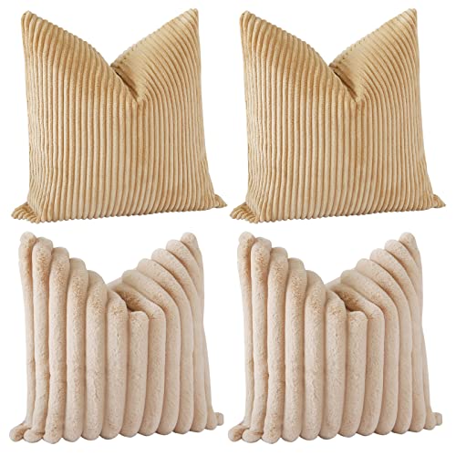 JOTOM Dekokissen Kissenbezüge 45x45cm 4er Set Soft Kissenhülle Einfarbig Streifen Kissenbezug für Sofa Büro Couch Schlafzimmer Bett (45x45cm, Helles Kaffee) von JOTOM