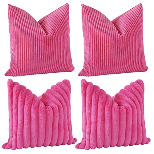 JOTOM Dekokissen Kissenbezüge 45x45cm 4er Set Soft Kissenhülle Einfarbig Streifen Kissenbezug für Sofa Büro Couch Schlafzimmer Bett (45x45cm, Heißes Rosa) von JOTOM