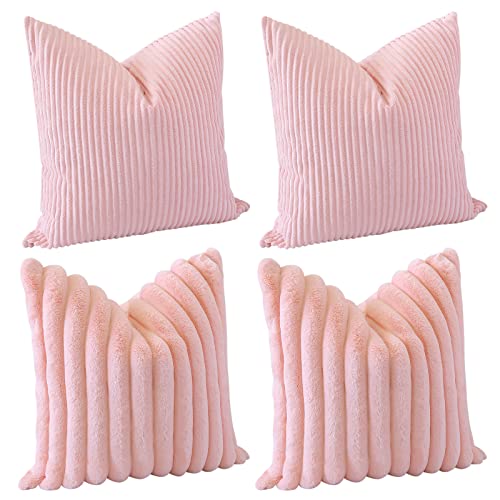 JOTOM Dekokissen Kissenbezüge 45x45cm 4er Set Soft Kissenhülle Einfarbig Streifen Kissenbezug für Sofa Büro Couch Schlafzimmer Bett (45x45cm, Rosa) von JOTOM