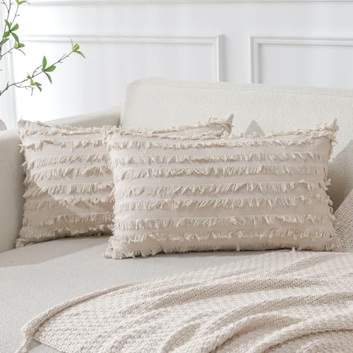 JOTOM Dekorative Kissenbezug mit Tassel Boho Fransen Dekokissen Bezug Weich Kissenbezüge Quaste Dekor Kissenhülle für Sofa Schlafzimmer Wohnzimmer 2er Set (30 x 50 cm, Beige) von JOTOM