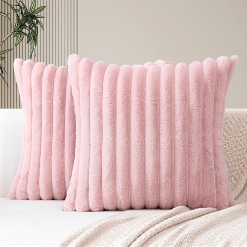 JOTOM 2er Set Doppelseitige Kunstpelz Plüsch Kissenbezüge, Dekorative Weich Kissenbezug Moderne Kissenhülle Sofakissen Zierkissenbezug für Wohnzimmer Schlafzimmer Deko (45x45cm, Rosa) von JOTOM