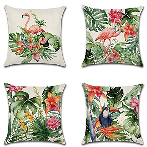 JOTOM Kissenbezug Dekokissen Sofakissen Wurfkissen Kissenhülle für Couch Zimmer Wohnzimmer Schlafzimmer Heimdekoration 45 x 45 cm 4er Set (Tropische Pflanzen und Flamingo) von JOTOM