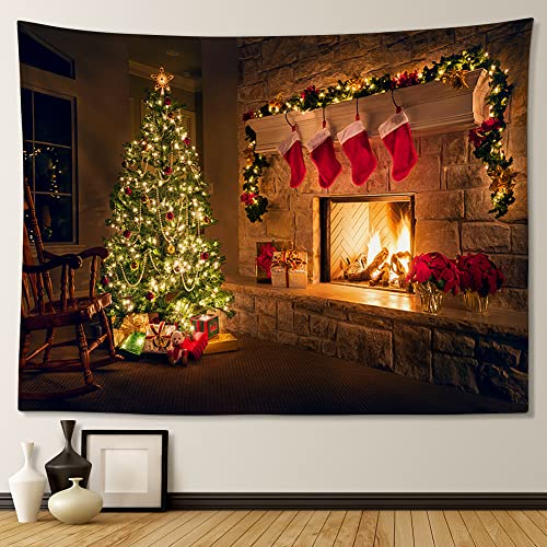 JOTOM Weihnachten Wandteppich Wall Hanging Neujahr Wandteppich Tapestry für Wohnzimmer Schlafzimmer Schlafsaal Dekorationen Veranda Hänge (Weihnachtsbaum Feuer Socken) von JOTOM
