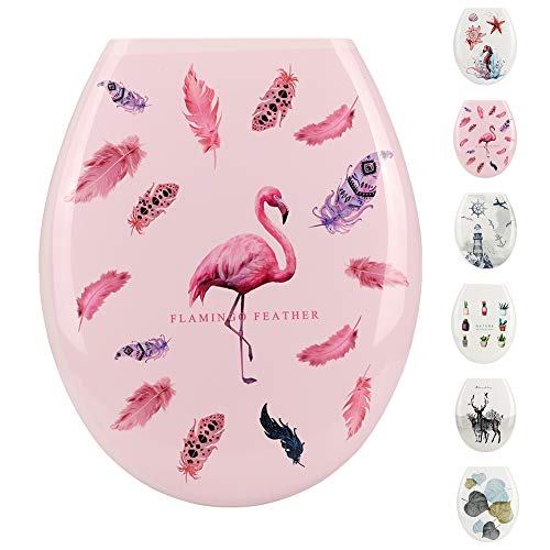 WC-Sitz Pflegeleichter Thermoplast Flamingo WC Sitz Toilettensitz Klodeckel Klobrille Toilettendeckel (Flamingo und Feder) von JOTOM