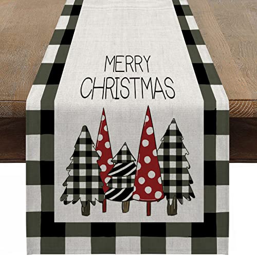 Weihnachten Tischläufer Leinenoptik Abwaschbar Tischdecke 33x183 cm Christmas Winter Weihnachtsdeko für Esszimmer Restaurant Hotel (Karierter Weihnachtsbaum) von JOTOM