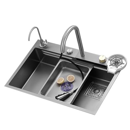 Nano Kitchen Sink - New Smart Kitchen Sink Set, 304 Stainless Steel Waterfall Sink with Cup Washer Sinks, Single Bowl Bar Sink, Vegetable Basin Workstation Kitchen Sink, with Pull-Out Faucet(Size:68x4 von JOUFNING