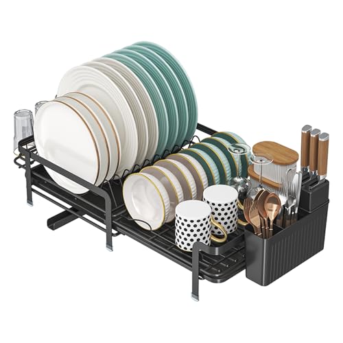 JOUING Abtropfgestell Geschirr Ausziehbar Geschirrabtropfgestell mit Abtropfschale Metall Geschirr Abtropfständer für Küche Erweiterbar Dish Drying Rack mit Besteckhalter und Tassenhalter (Schwarz) von JOUING