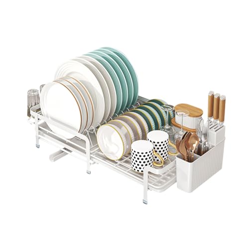 JOUING Abtropfgestell Geschirr Ausziehbar Geschirrabtropfgestell mit Abtropfschale Metall Dish Drying Rack mit Besteckhalter und Tassenhalter Erweiterbar Geschirrständer für Küche (Weiß) von JOUING