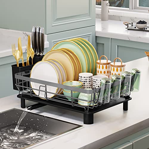 JOUING Abtropfgestell Geschirr Platzsparender Geschirr Abtropfständer mit Besteck Halterung Dish Drainer mit Abtropfschale Metall Geschirrkorb für Spüle Abtropfgestell mit Utensilienhalter (Grau) von JOUING