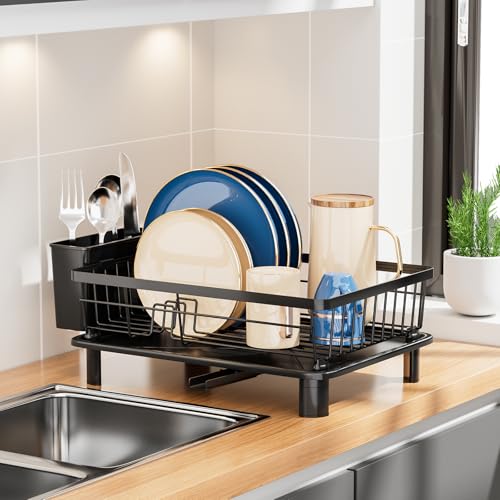 JOUING Abtropfgestell Geschirr Platzsparender Abtropfständer mit Besteck Halterung Dish Drainer mit Abtropfschale Metall Geschirrkorb für Spüle Abtropfgestell mit Utensilienhalter (Schwarz, Kleine) von JOUING