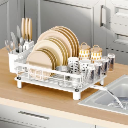 JOUING Abtropfgestell Geschirr Platzsparender Geschirr Abtropfständer mit Besteck Halterung Dish Drainer mit Abtropfschale Metall Geschirrkorb für Spüle Abtropfgestell mit Utensilienhalter (Weiß) von JOUING