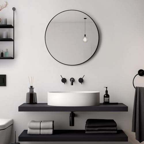 JOULISE - Design Wandspiegel Rund - 50/60/70 cm für Badezimmer & Wohnzimmer & Flur - Stilvoll & Modern - Wall Mirror - Spiegel Rund (Schwarz, Ø 60 cm) - Wandmontage von JOULISE