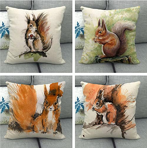 JOVEGSRVA Aquarell Eichhörnchen Kissen Dekorative Kissenbezüge Kissen 45 cm X 45 cm Kissenbezüge Für Wohnzimmer Schlafsofa Kissenbezüge 4Er-Set von JOVEGSRVA