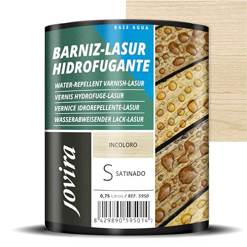 Wasserabweisende Holzschutzlasur, Satiniert auf Wasserbasis, schützt, dekoriert und verschönert alle Holzarten mit Perleffekt, stößt Wasser ab. (750 Milliliter, Farblos) von JOVIRA PINTURAS