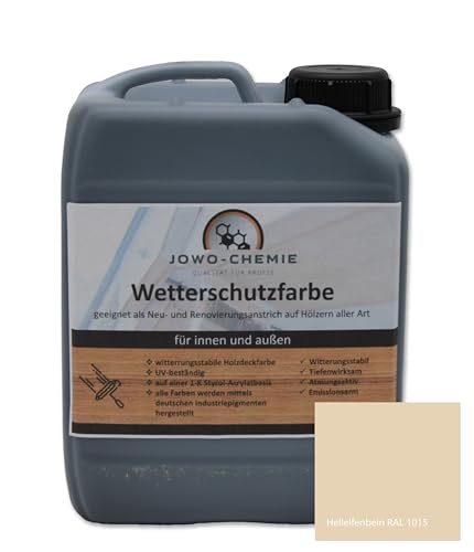 JOWO-CHEMIE Wetterschutzfarbe (5kg) Holzfarbe Zaunfarbe Gartenfarbe auf Hölzer aller Art große Farbauswahl Acryl-Farbe (Hellelfenbein) von JOWO-CHEMIE