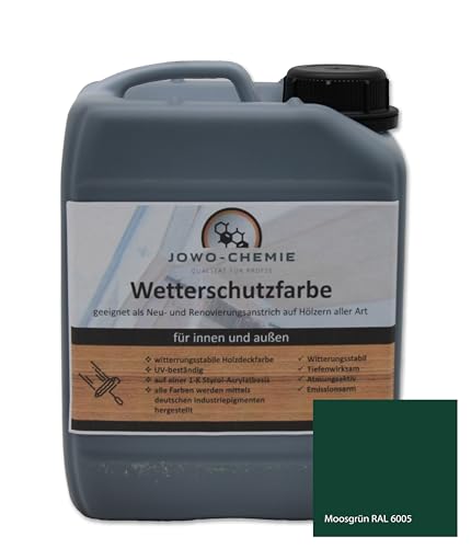 JOWO-CHEMIE Wetterschutzfarbe (5kg) Holzfarbe Zaunfarbe Gartenfarbe auf Hölzer aller Art große Farbauswahl Acryl-Farbe (Moosgrün) von JOWO-CHEMIE